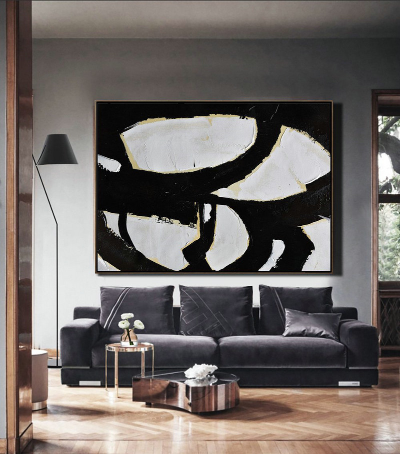 Extra Large Artwork,Horizontal Palette Knife Minimal Canvas Art Painting Black White Beige - Hand-Painted Canvas Art